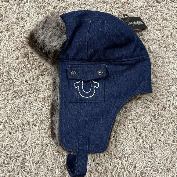 True Religion Winter Faux Fur Denim Trapper Hat Unisex (New) - Picture 1 of 7